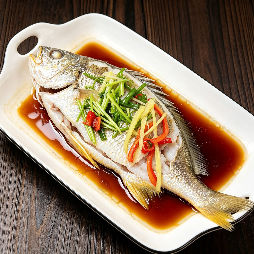 Whole wild-caught sea bream with golden-yellow fins resting on crushed ice (view 3)