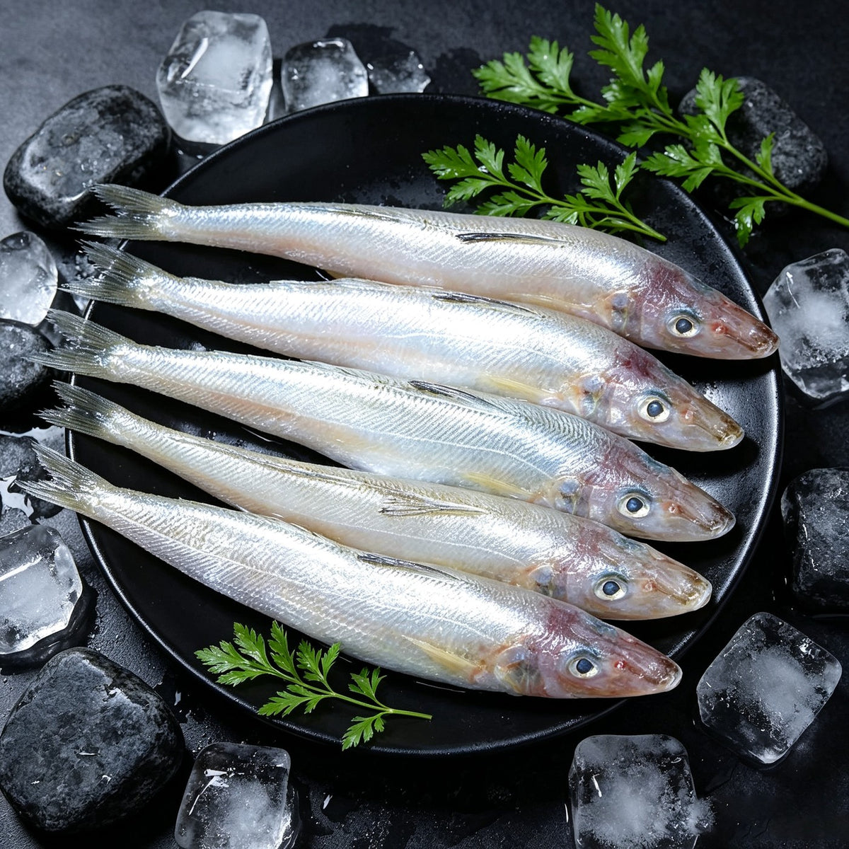 Slender silver sillago fish arranged in a row on ice