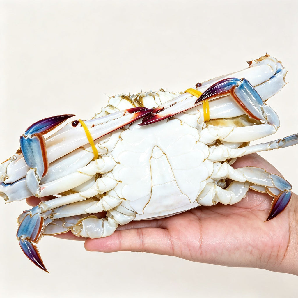 Glossy patterned swimming crabs stacked on a bed of crushed ice