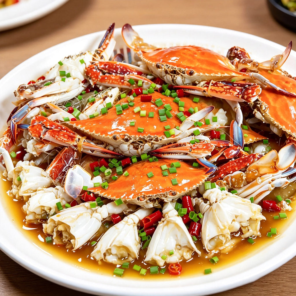 Glossy patterned swimming crabs stacked on a bed of crushed ice (view 3)