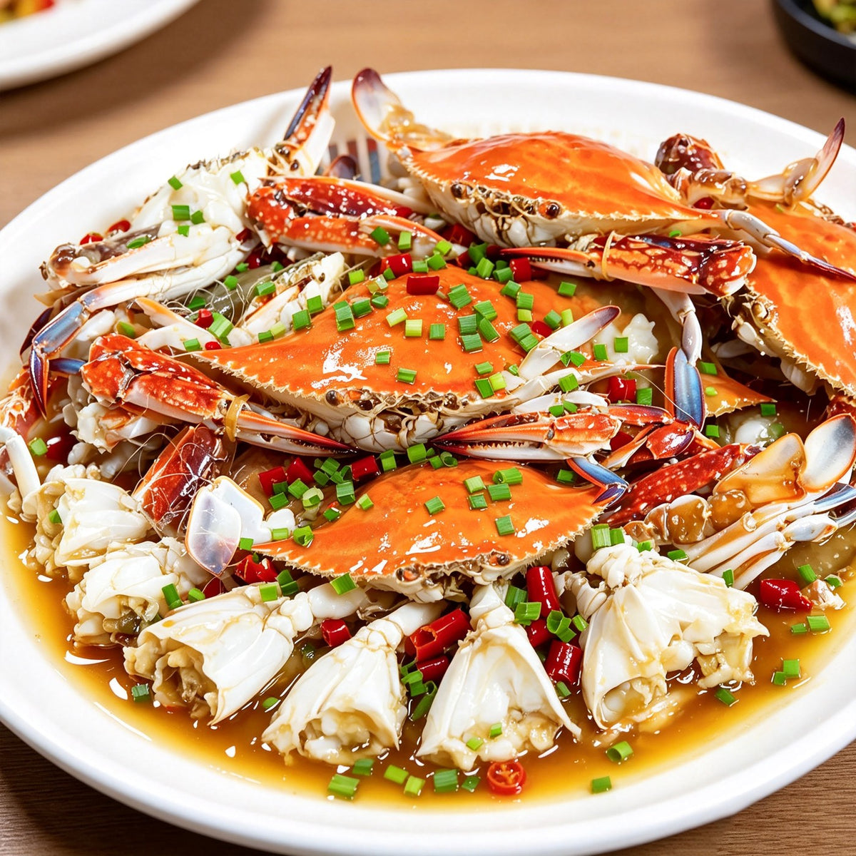 Glossy patterned swimming crabs stacked on a bed of crushed ice (view 3)