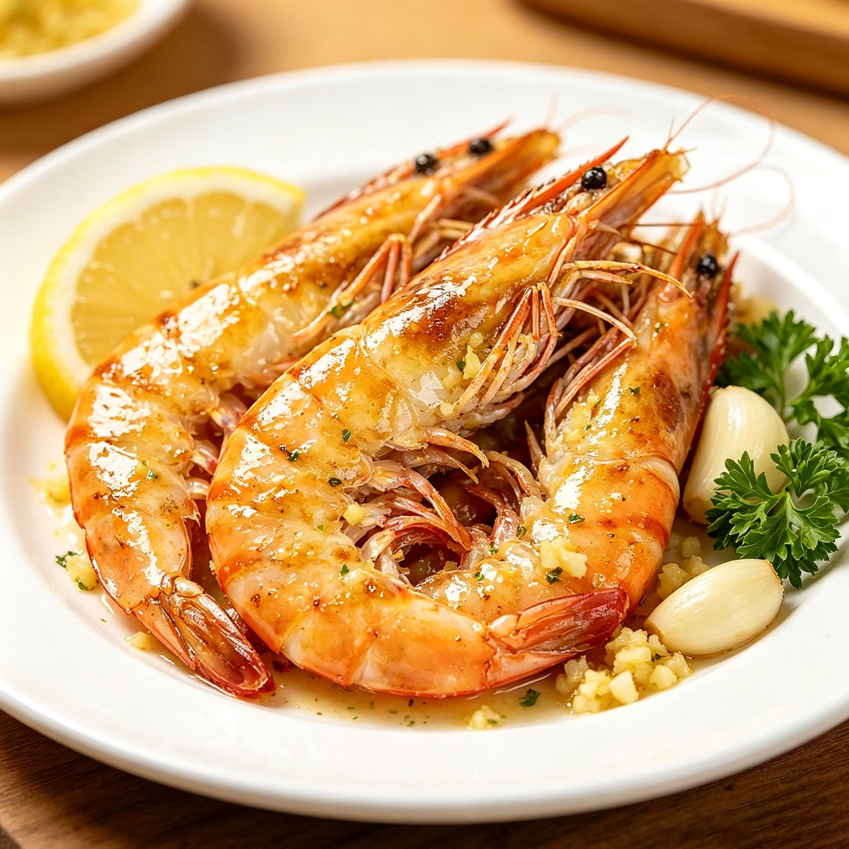 Jumbo prawns with shells intact laid out on crushed ice (view 2)