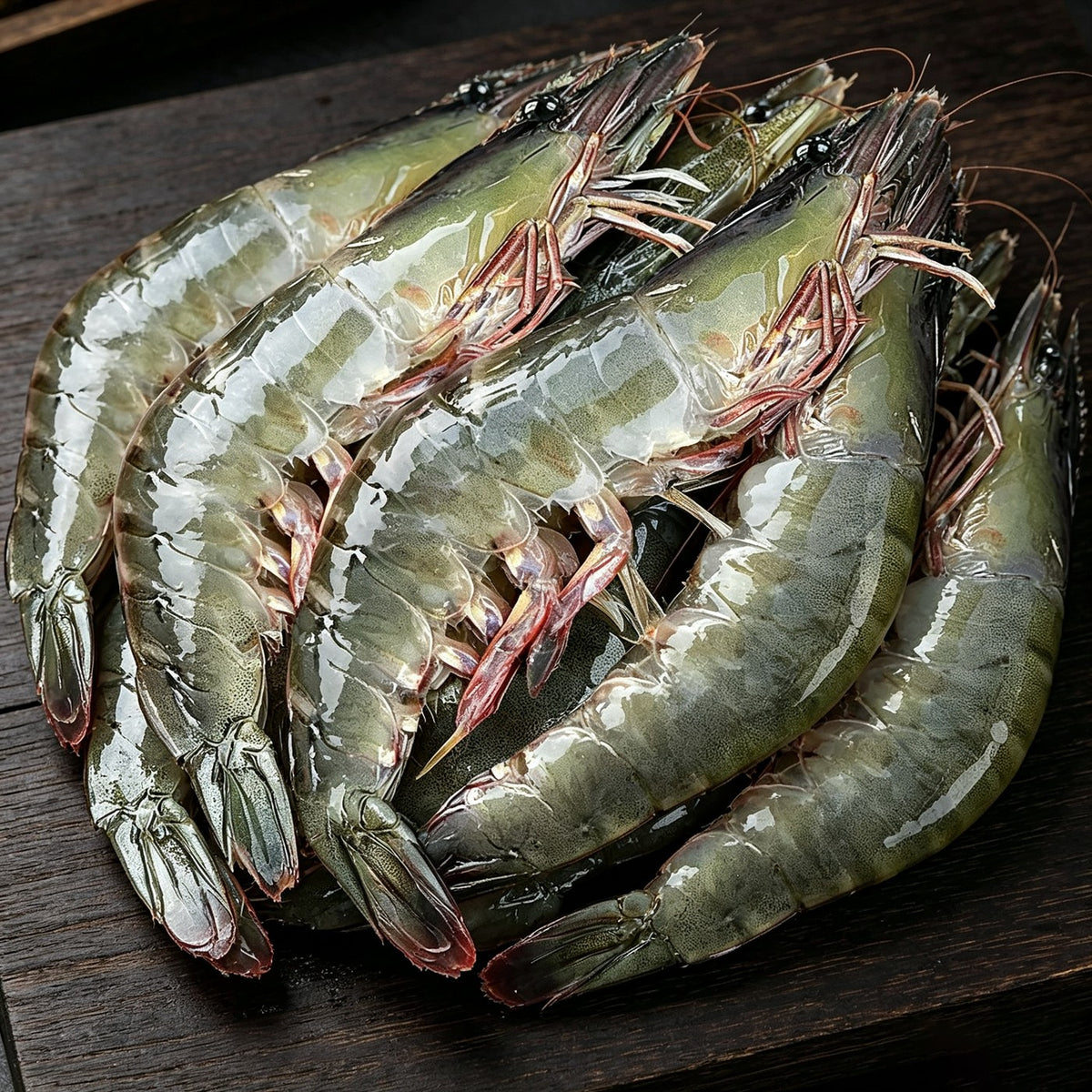 Jumbo prawns with shells intact laid out on crushed ice (view 3)