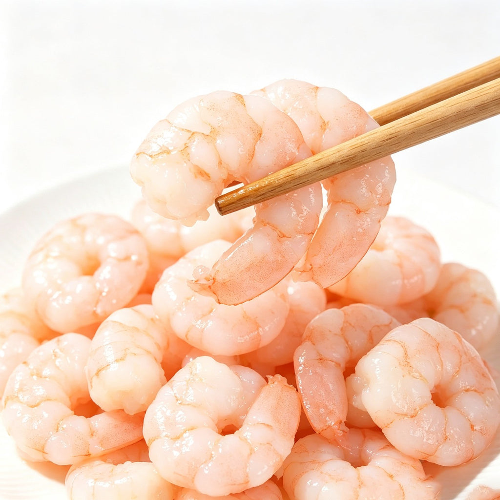 Plump peeled shrimp meat piled in a white bowl