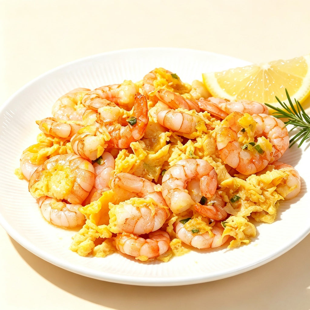 Plump peeled shrimp meat piled in a white bowl (view 3)