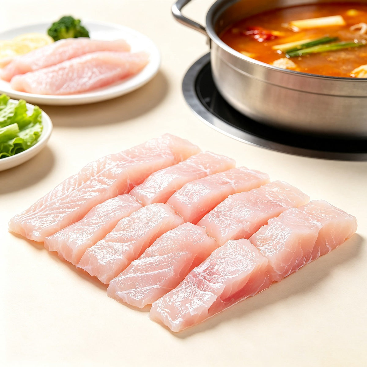 Pale boneless white fish fillets neatly overlapped on a tray (view 3)