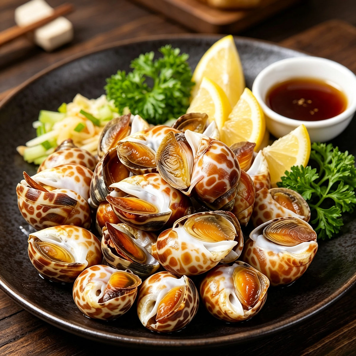 Spotted babylon snails with brown-and-white shells on crushed ice