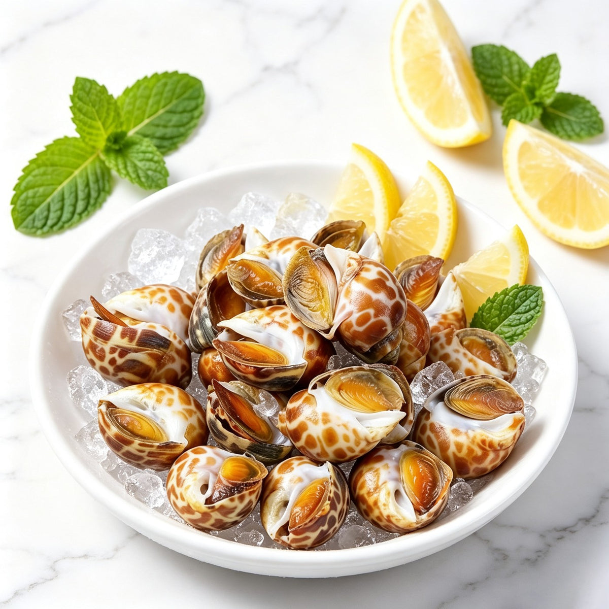Spotted babylon snails with brown-and-white shells on crushed ice (view 3)