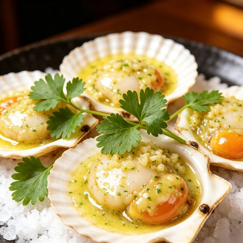 Plump white scallops arranged in a ring on a chilled plate