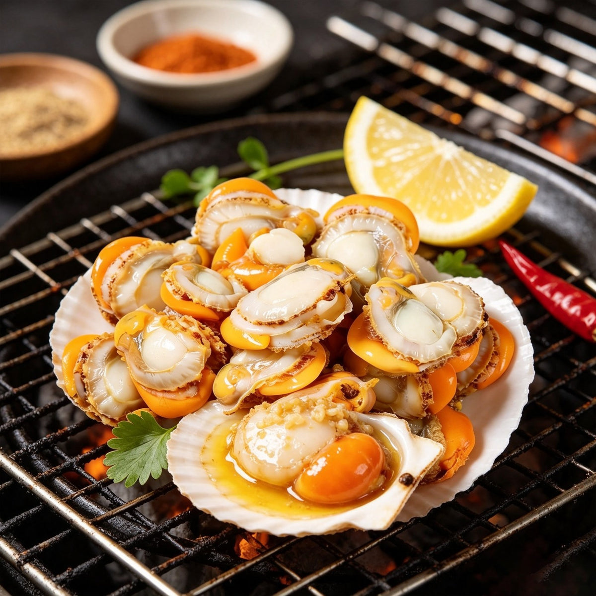 Plump white scallops arranged in a ring on a chilled plate (view 2)