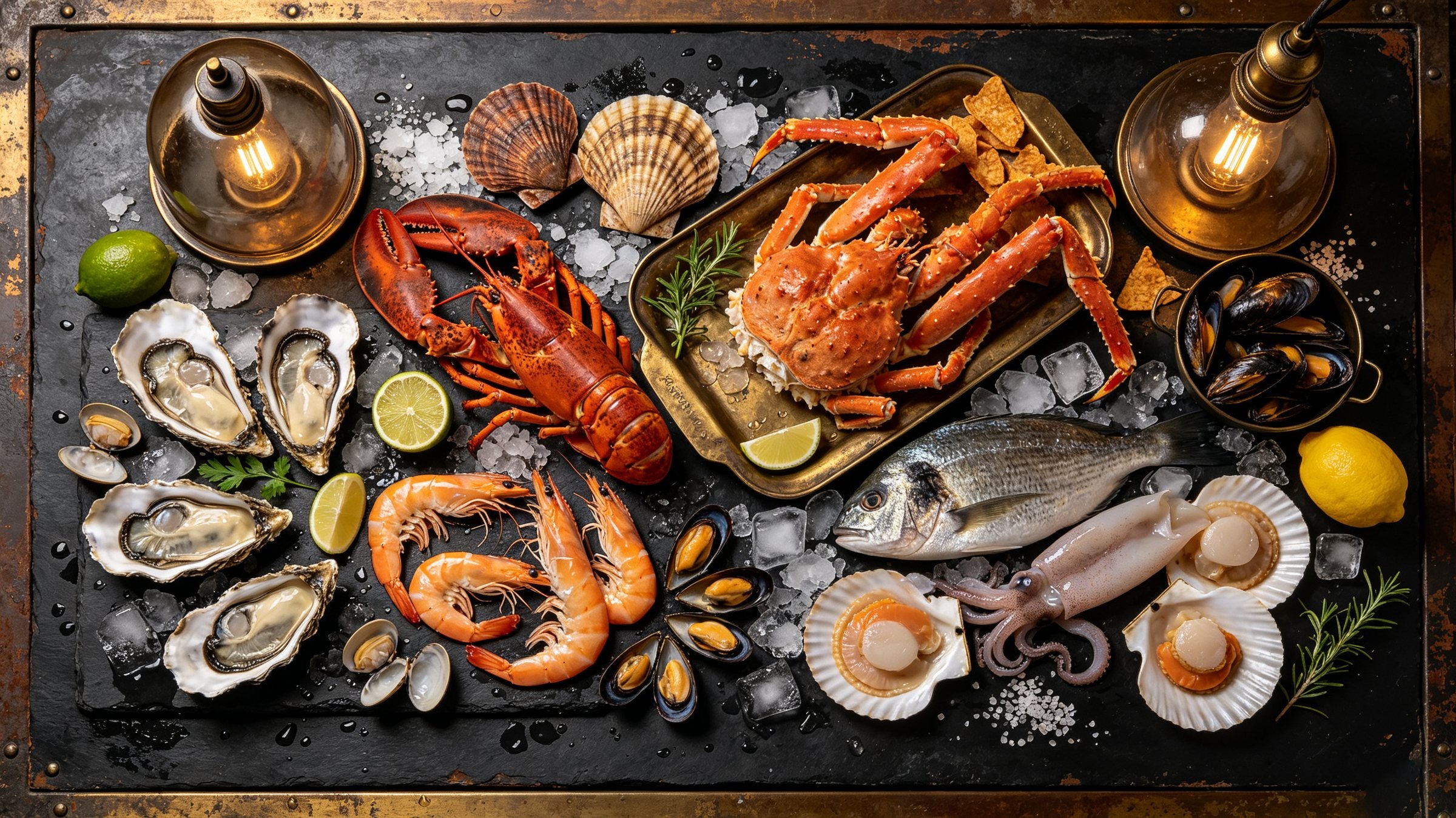 Fresh seafood on a dark slate table — crab, lobster, prawns, oysters, scallops and whole fish under warm brass light